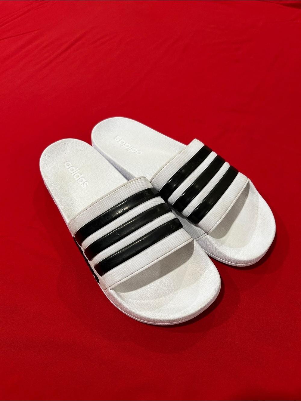 adidas White Slide Sandals with Black Stripes